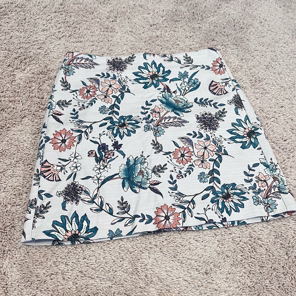 LOFT White Floral A-Line Skirt with Teal and Coral Print